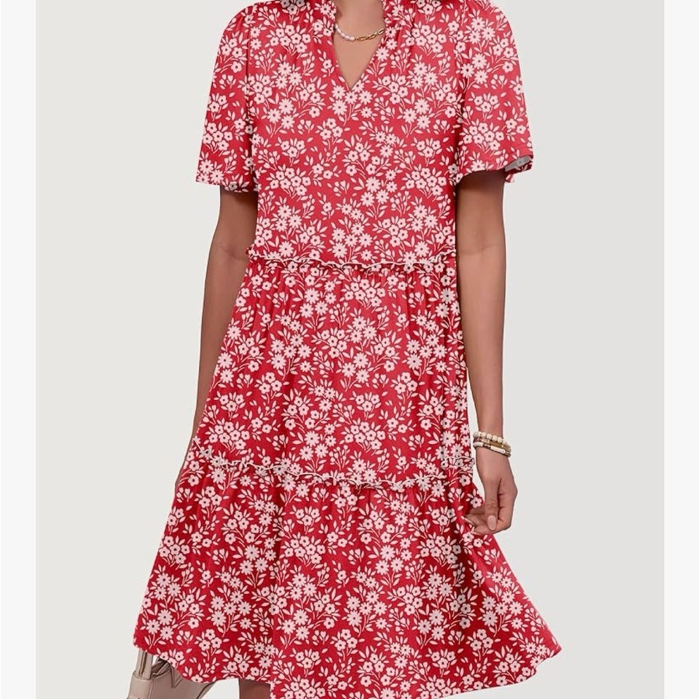 Red Floral Print V-Neck Midi Dress - Picture 3 of 10